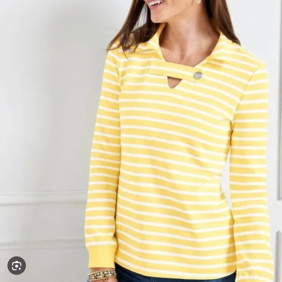 Talbots Tops - Talbots Butter Yellow Striped Nautical Coastal Button Collared Sweatshirt Sz XL